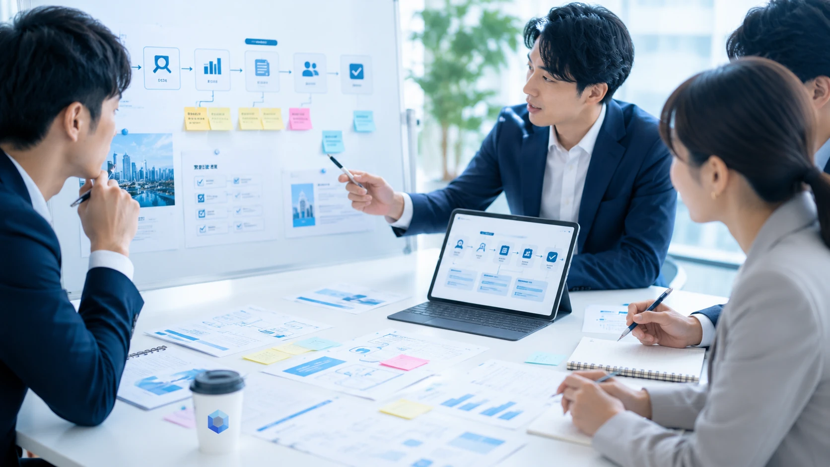 不動産会社の担当者がAI活用と業務改善について相談している様子